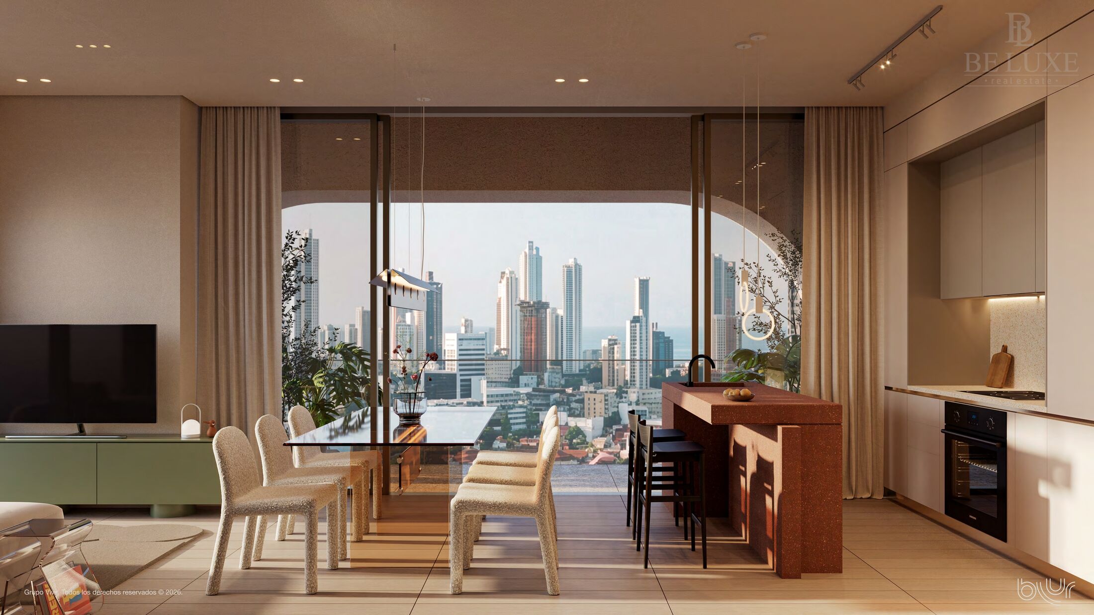 Sala y comedor con vista a la ciudad