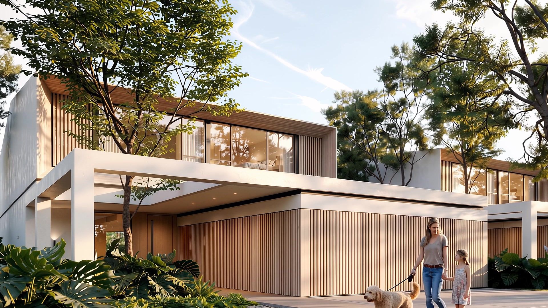 Fachada frontal del Duplex de 3 recámaras en Casa Bosco, con celosías de madera y jardín tropical
