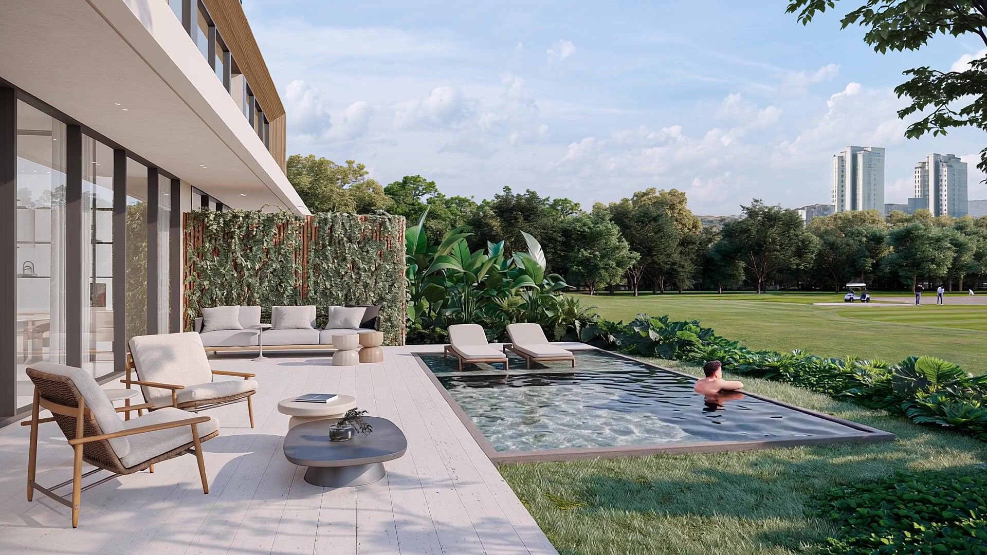 Terraza con piscina frente al campo de golf de Santa María