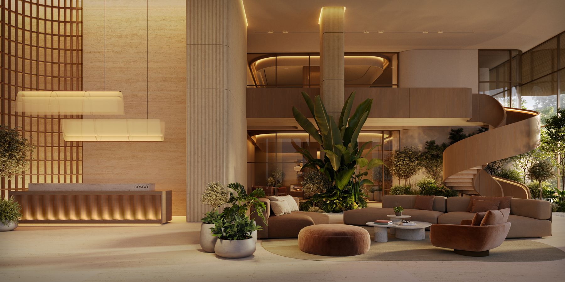 Lobby de Sensa con doble altura, escalera escultórica y vegetación