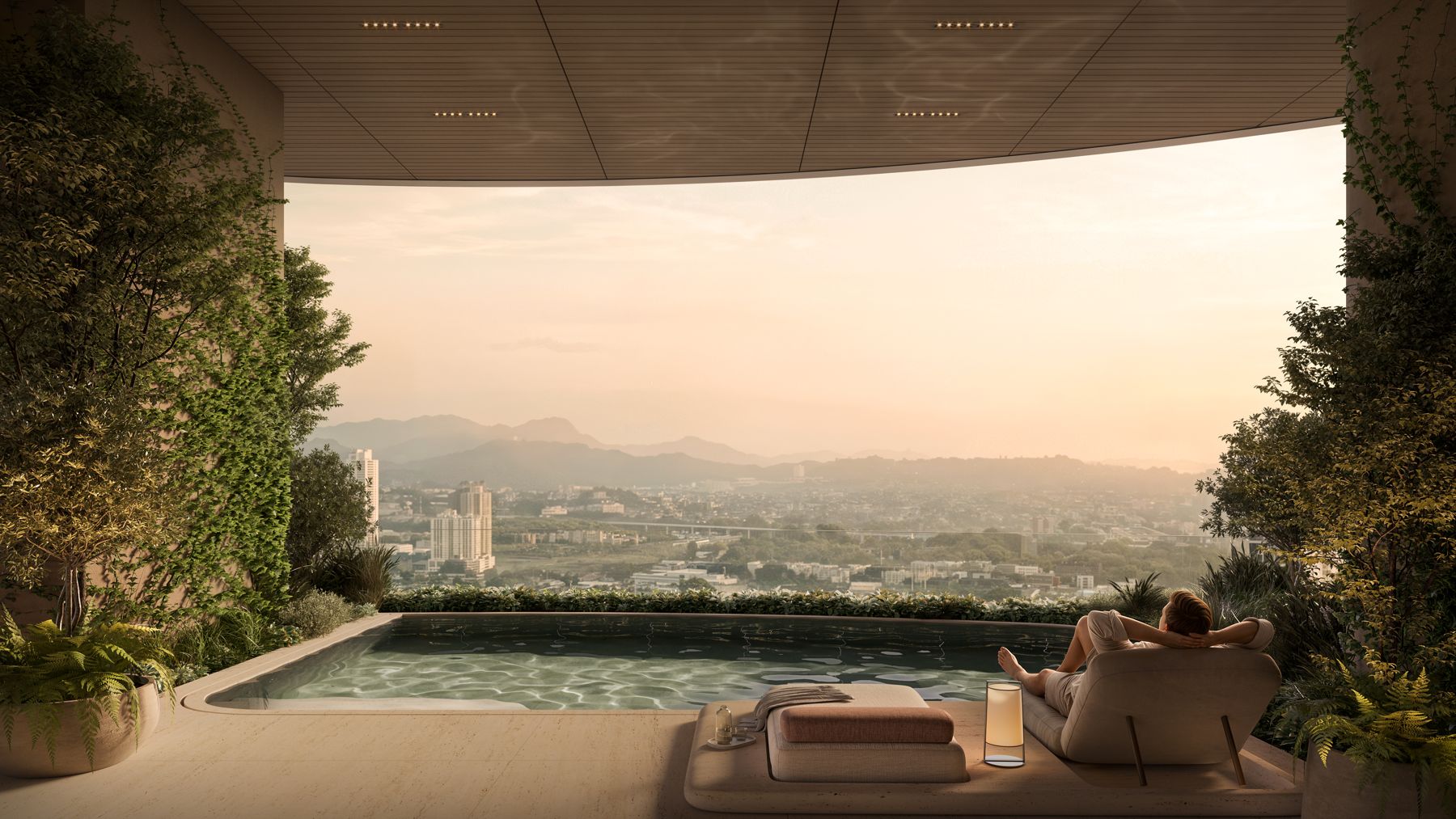 Piscina privada exterior del spa con vista a la ciudad y las montañas