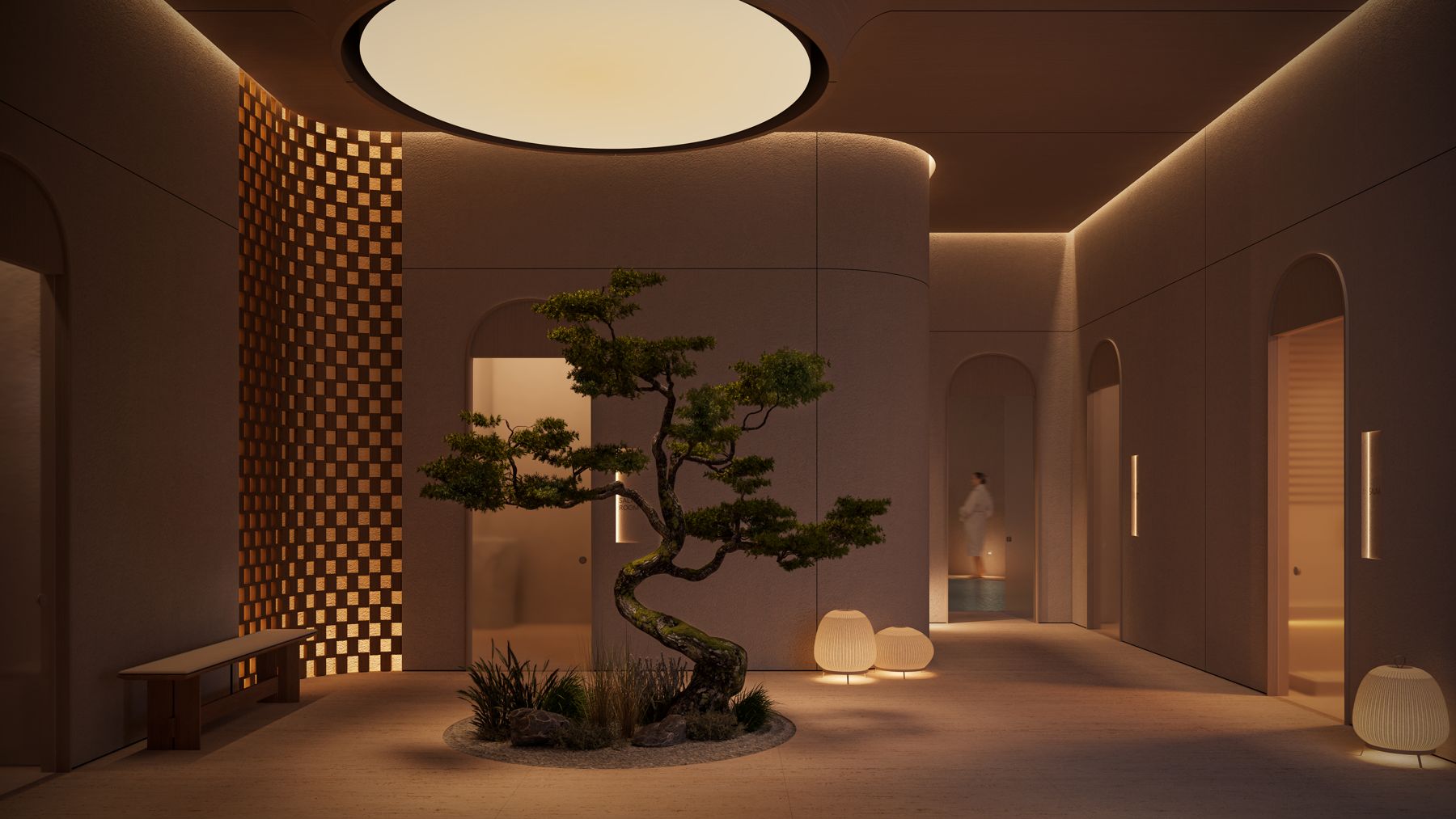Vestíbulo del spa con árbol bonsái bajo un tragaluz circular