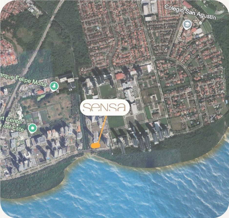 Mapa satelital de Costa del Este con la ubicación de Sensa junto al mar