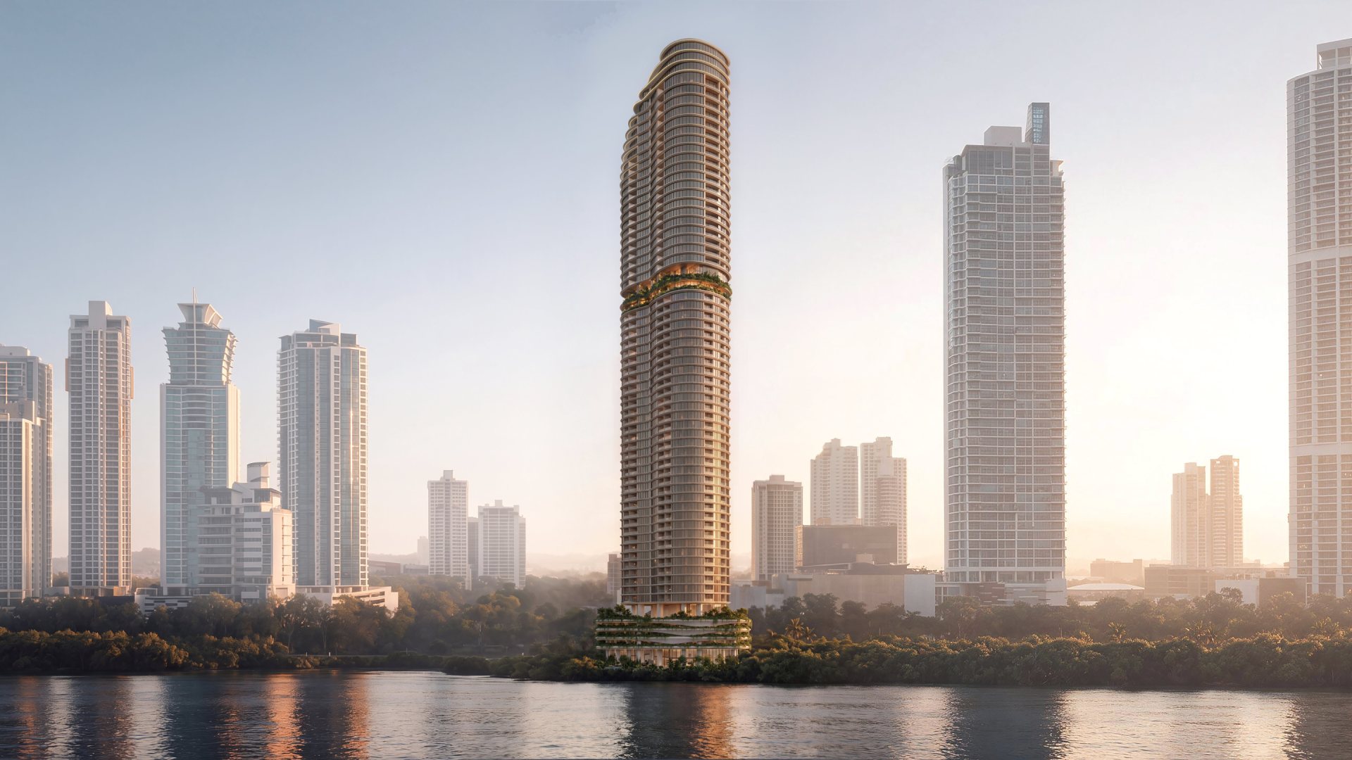 Torre Sensa Residences frente al mar en Costa del Este, al amanecer