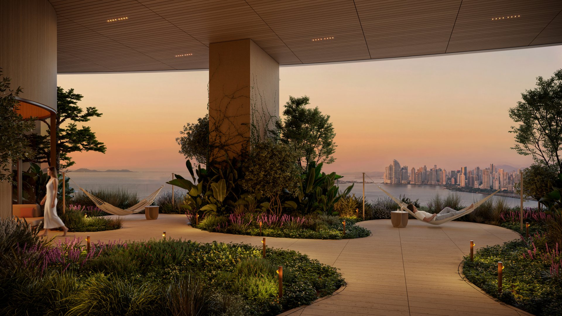 Jardín de hamacas de Sensa con vista a la ciudad al atardecer